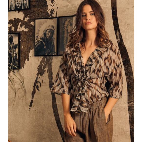 Diega Chaka 100% Cotton Tie Front Natural Tone Ikat Button Up Blouse Shirt M - Picture 1 of 9